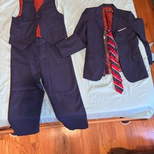 Boys Navy Blue Suit Set with Red Accents